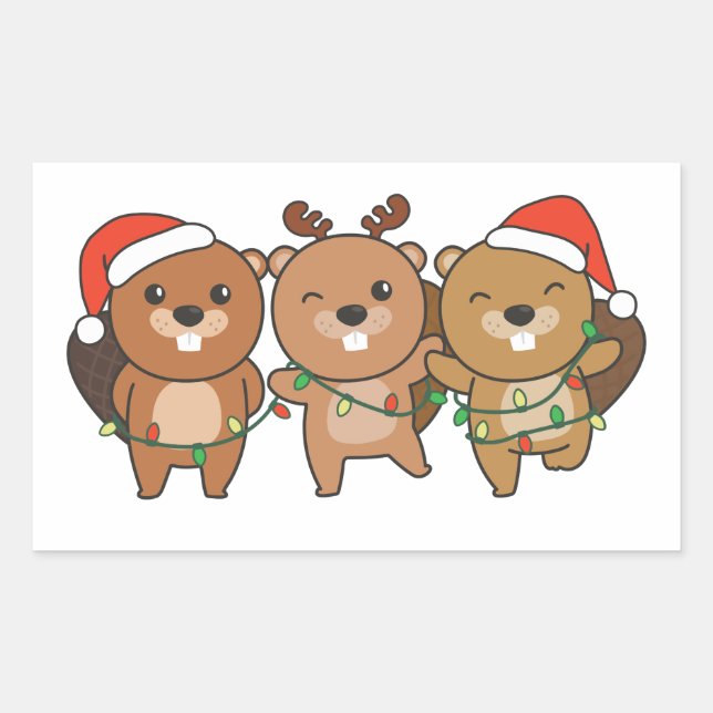 Beaver Christmas Christmas Animals Cute Beaver Squ Rectangular Sticker (Front)