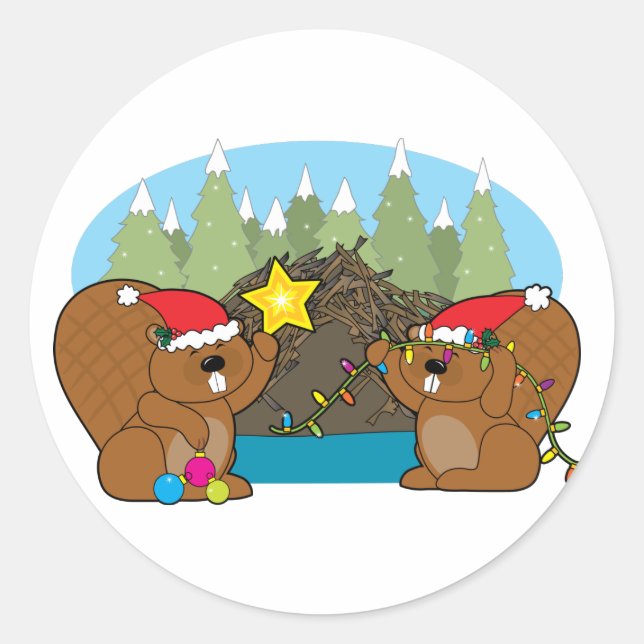 Beaver Christmas Classic Round Sticker (Front)
