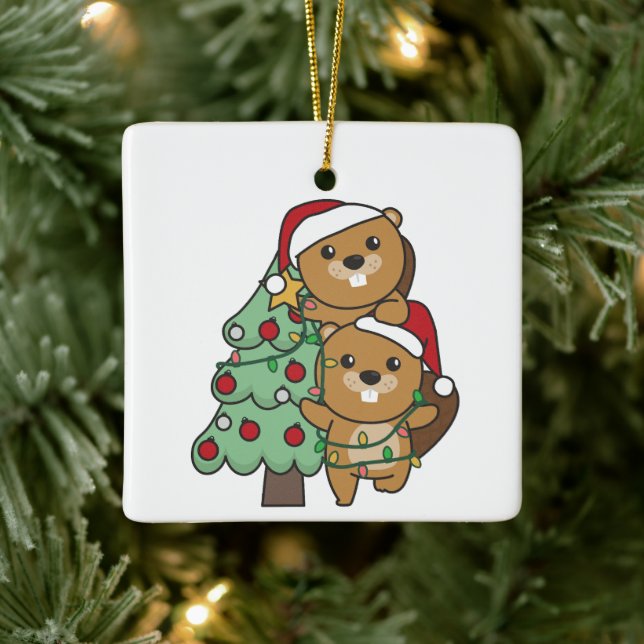Beaver Christmas Tree Christmas Animals Beavers Ceramic Ornament (Tree)
