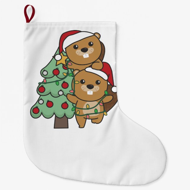 Beaver Christmas Tree Christmas Animals Beavers Large Christmas Stocking (Front)