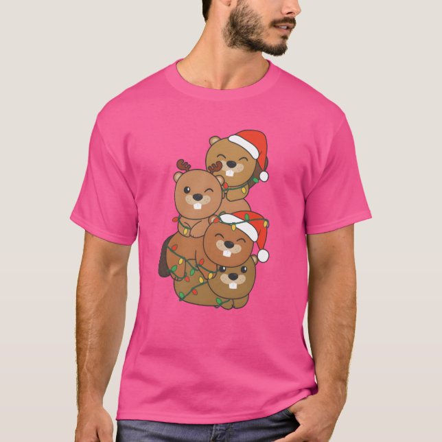 Beaver Christmasree Christmas Animals Beaver famil T-Shirt (Front)