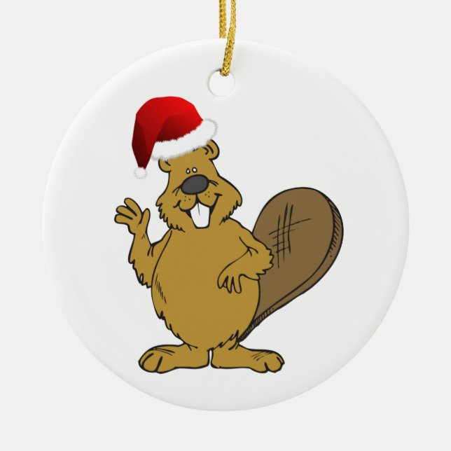 Beaver cute santa hat ceramic tree decoration (Front)