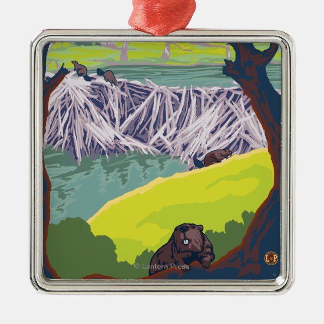 Beaver Family - Eugene, Oregon Metal Tree Decoration (Front)