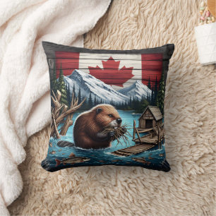 Beaver Gathering Branches Near Canadian Mountains Cushion