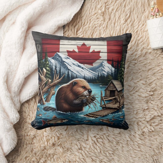 Beaver Gathering Branches Near Canadian Mountains Cushion (Blanket)