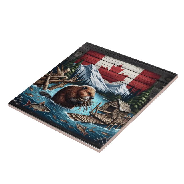 Beaver Gathering Branches Near Canadian Mountains Tile (Side)