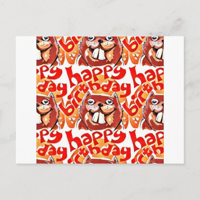 beaver happy birthday cartoon style illustration postcard (Front)