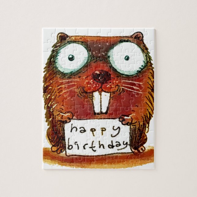 beaver holds happy birthday message cartoon jigsaw puzzle (Vertical)