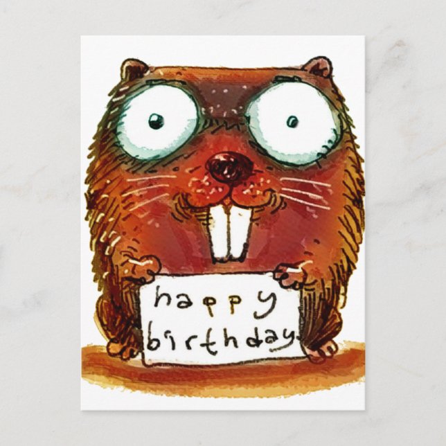beaver holds happy birthday message cartoon postcard (Front)