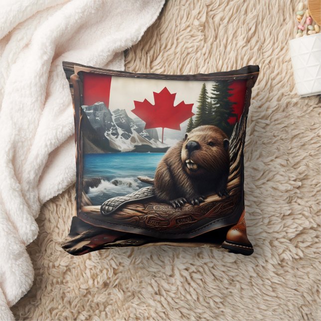 Beaver in Canadian Wilderness With Flag Background Cushion (Blanket)