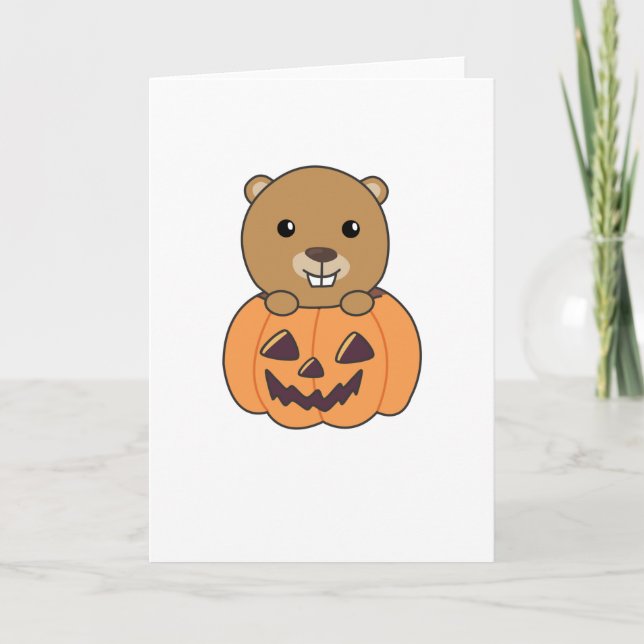 Beaver In Pumpkin Sweet Beaver Happy Halloween Card (Front)