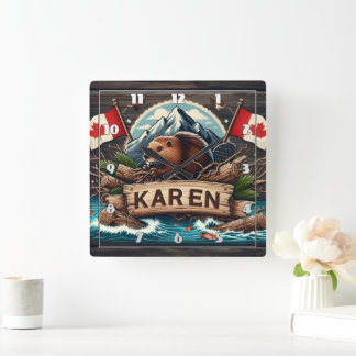 Beaver, Logs, Flags, and Mountains Square Wall Clock