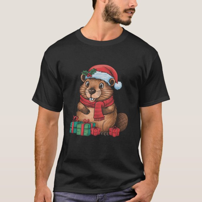 Beaver Lover Xmas Holiday Santa Beaver Christmas T-Shirt (Front)