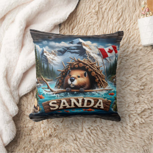 Beaver, Mountain, Flag, Blue Ocean Cushion