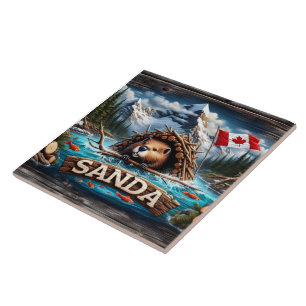 Beaver, Mountain, Flag, Blue Ocean Tile