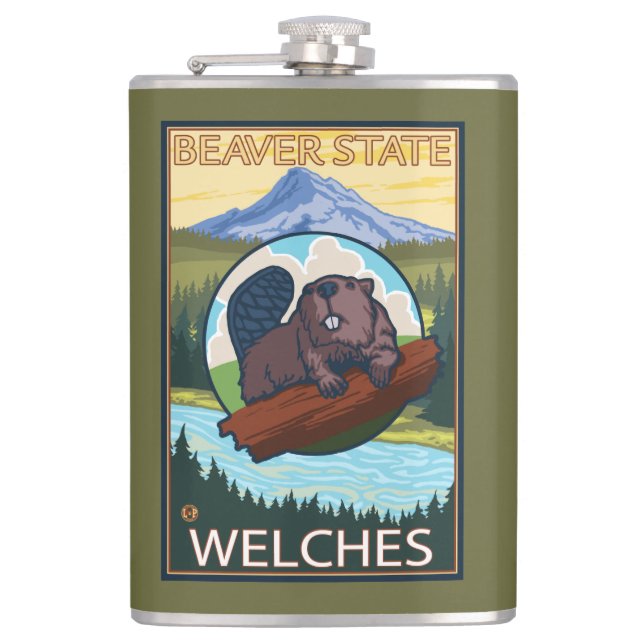 Beaver & Mt. Hood - Welches, Oregon Hip Flask (Front)