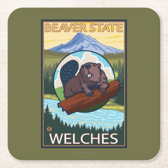 Beaver & Mt. Hood - Welches, Oregon Square Paper Coaster (Front)