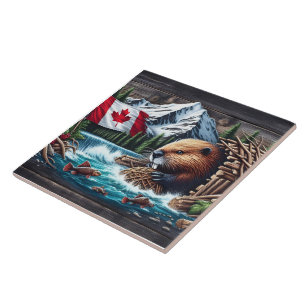 Beaver Near Canadian Flag and Mountain Stream Tile