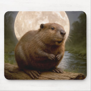 Beaver On a Log With Full Moon Mouse Mat