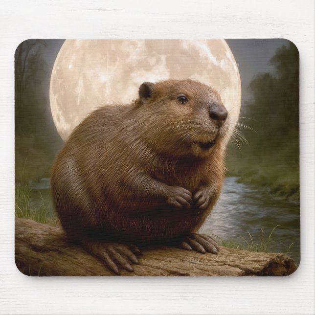 Beaver On a Log With Full Moon Mouse Mat (Front)