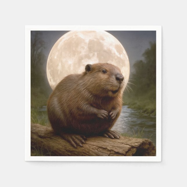 Beaver On a Log With Full Moon Napkin (Front)