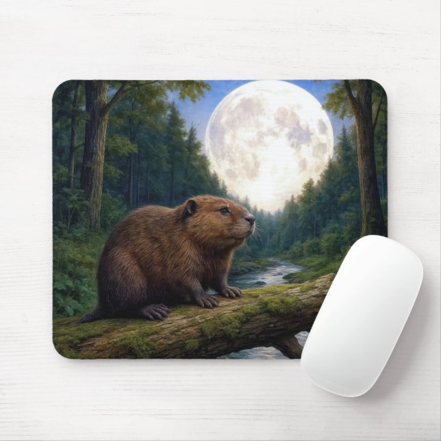 Beaver On a River Log in the Moonlight Mouse Mat (With Mouse)