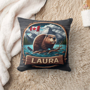 Beaver on a Wooded Lake With Canadian Flag Cushion