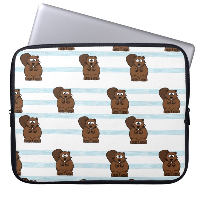Beaver on blue stripes laptop sleeve (Front)