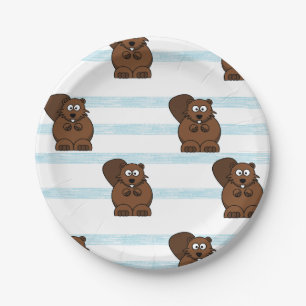 Beaver on blue stripes paper plate