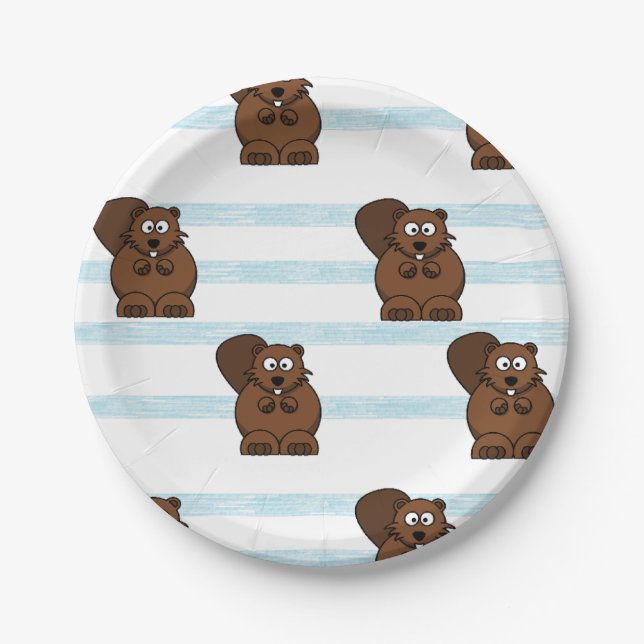 Beaver on blue stripes paper plate (Front)