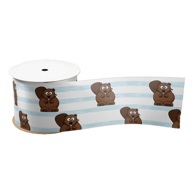 Beaver on blue stripes satin ribbon (Spool)