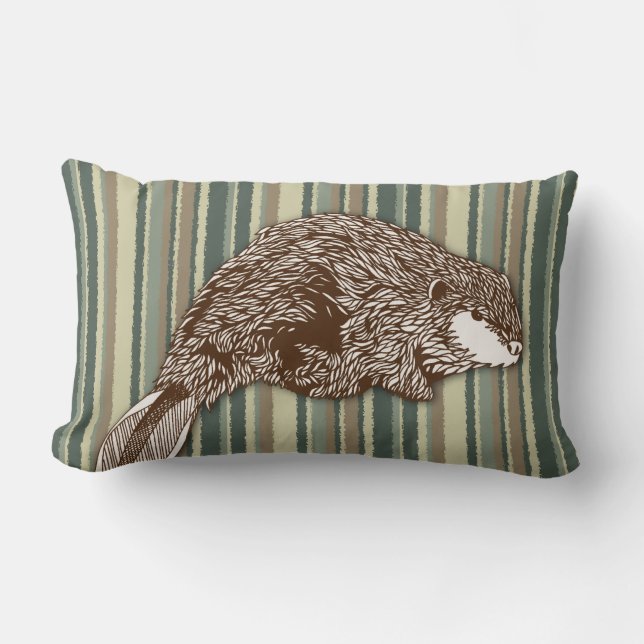 Beaver on Desert Stripes Lumbar Cushion (Front)