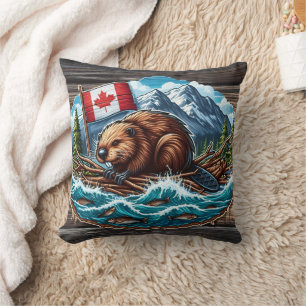 Beaver on Raft With Flag in River Cushion