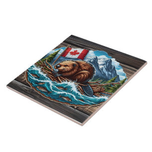 Beaver on Raft With Flag in River Tile