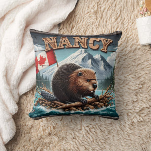Beaver on Raft With Flag in Scenic View Cushion