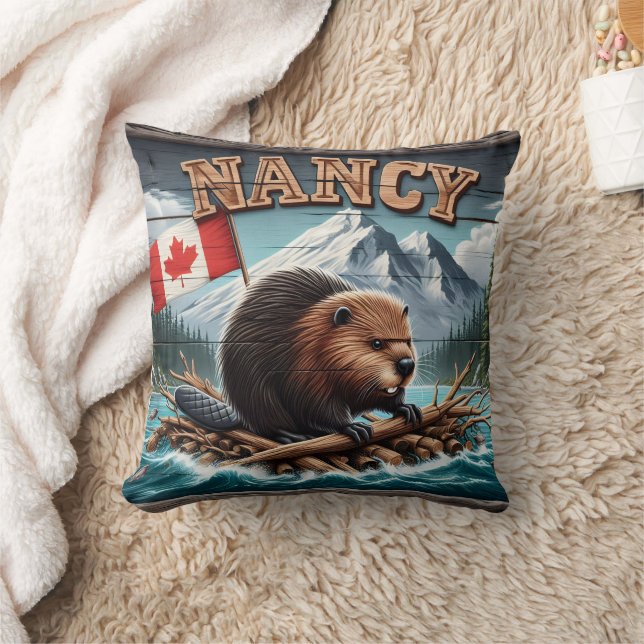 Beaver on Raft With Flag in Scenic View Cushion (Blanket)
