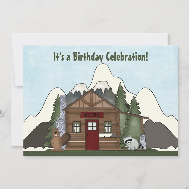 Beaver, Racoon and Mountain Cabin Birthday Invite (Front)