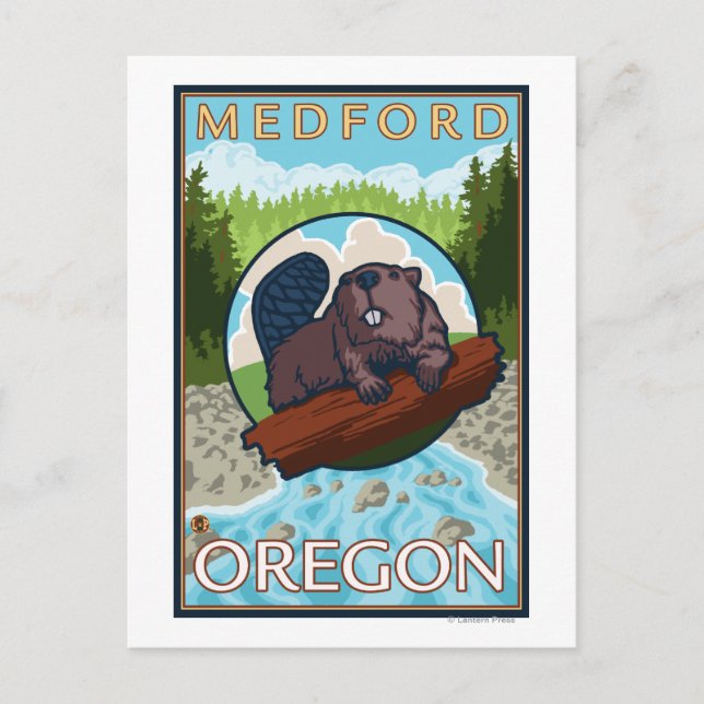 Beaver & River - Medford, Oregon Postcard (Front)