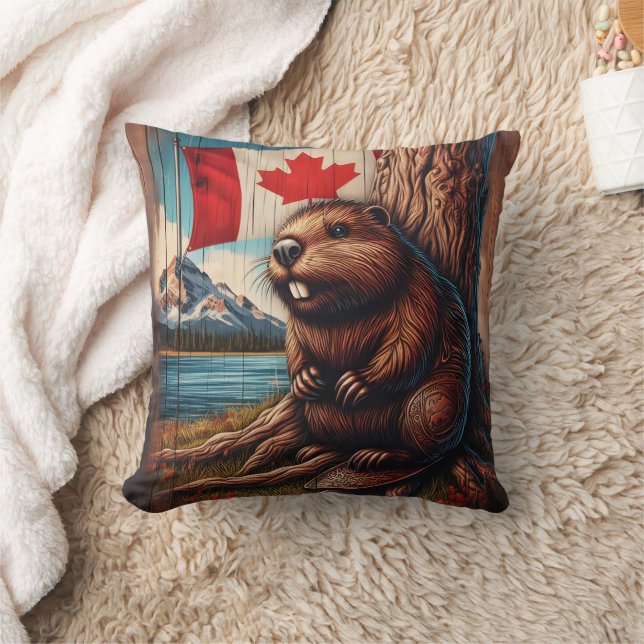 Beaver Sitting by Lake With Canadian Flag Cushion (Blanket)
