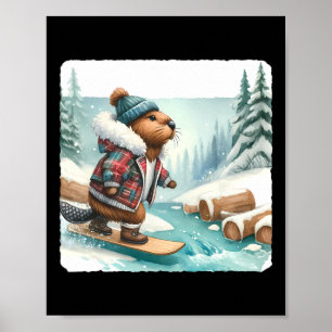 Beaver Snowboarding On Snowy Riverbank. Snowboard Poster