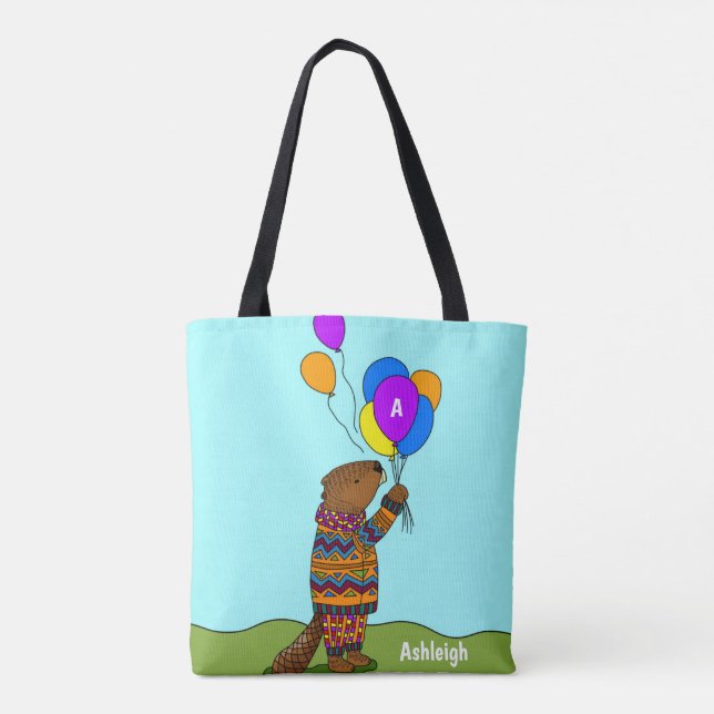 Beaver w Balloons, Cute Kids' Personalised Tote Bag (Back)