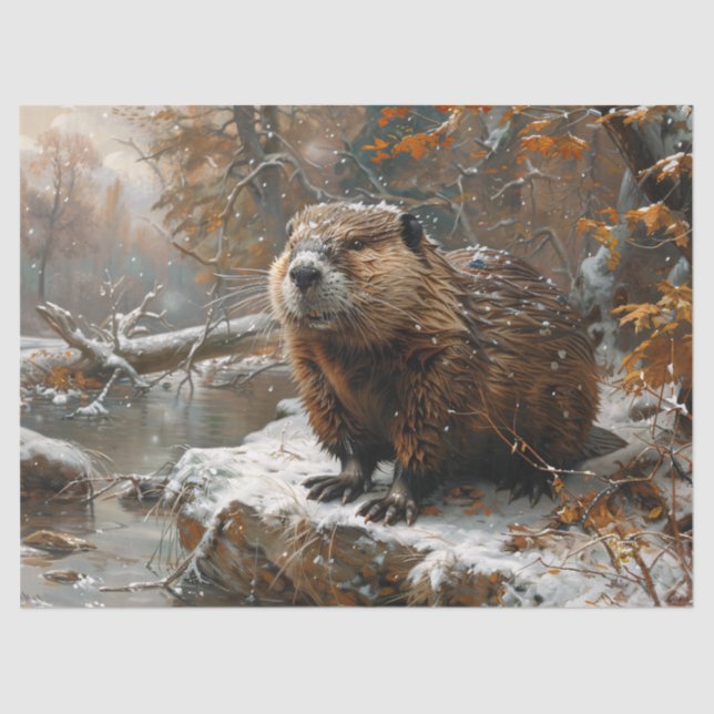 Beaver Winter Landscape Painting Decoupage Tissue Paper (Front)
