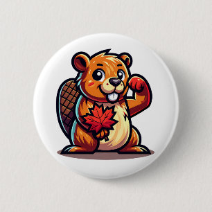 Beaver with a Maple Leaf and Elbows Up Canada 6 Cm Round Badge