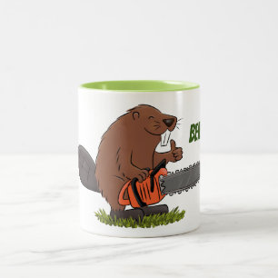 Beaver with chainsaw cartoon illustration Two-Tone coffee mug