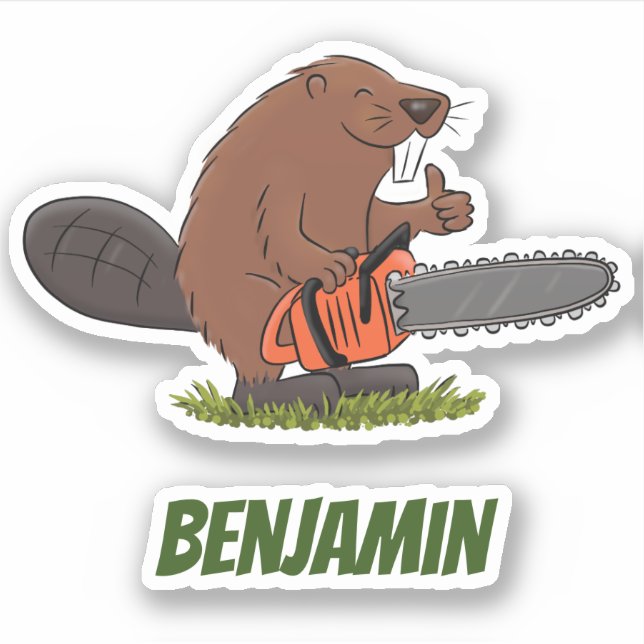 Beaver with chainsaw funny cartoon illustration (Front)