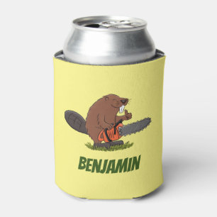 Beaver with chainsaw funny cartoon illustration can cooler