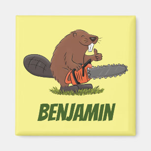 Beaver with chainsaw funny cartoon illustration magnet