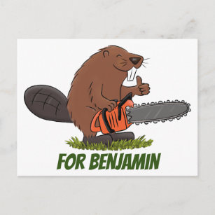 Beaver with chainsaw funny cartoon illustration postcard