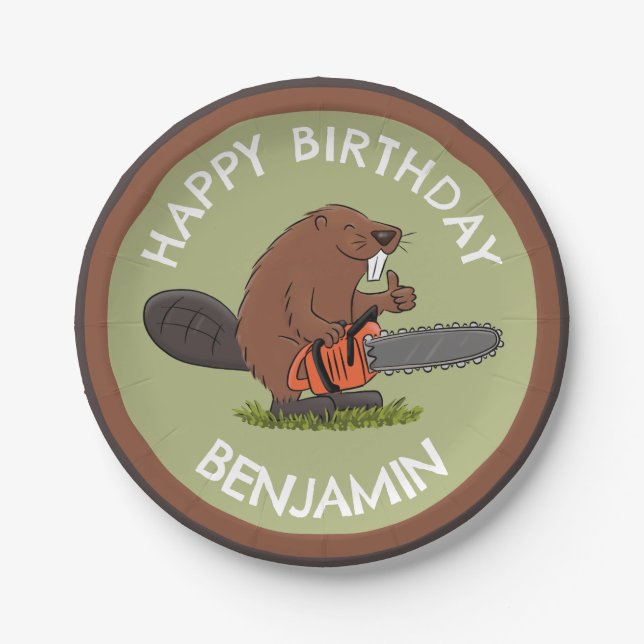 Beaver with chainsaw funny personalised birthday paper plate (Front)