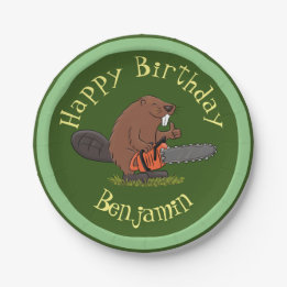 Beaver with chainsaw funny personalised birthday paper plate